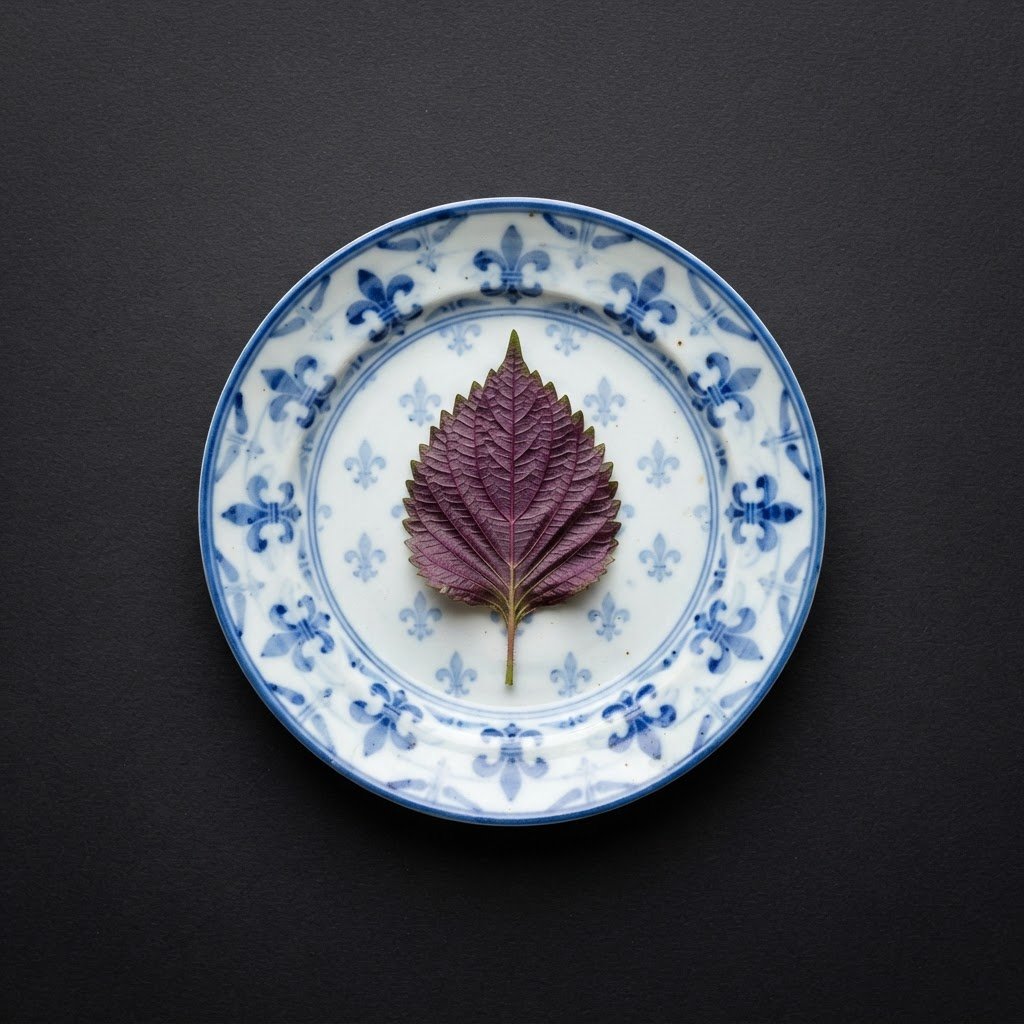 Perilla leaves on a cobalt and white fleur-de-lis plate