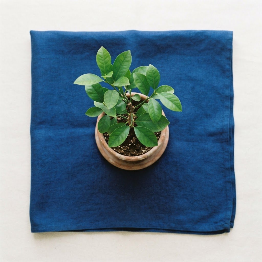 A lemon tree on cobalt fleur-de-lis linen